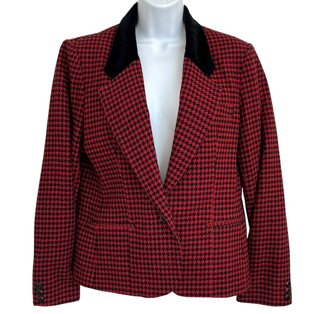 Vtg Charan Women Red Black Houndstooth Wool Blazer Velvet Collar Sz 12 Academia